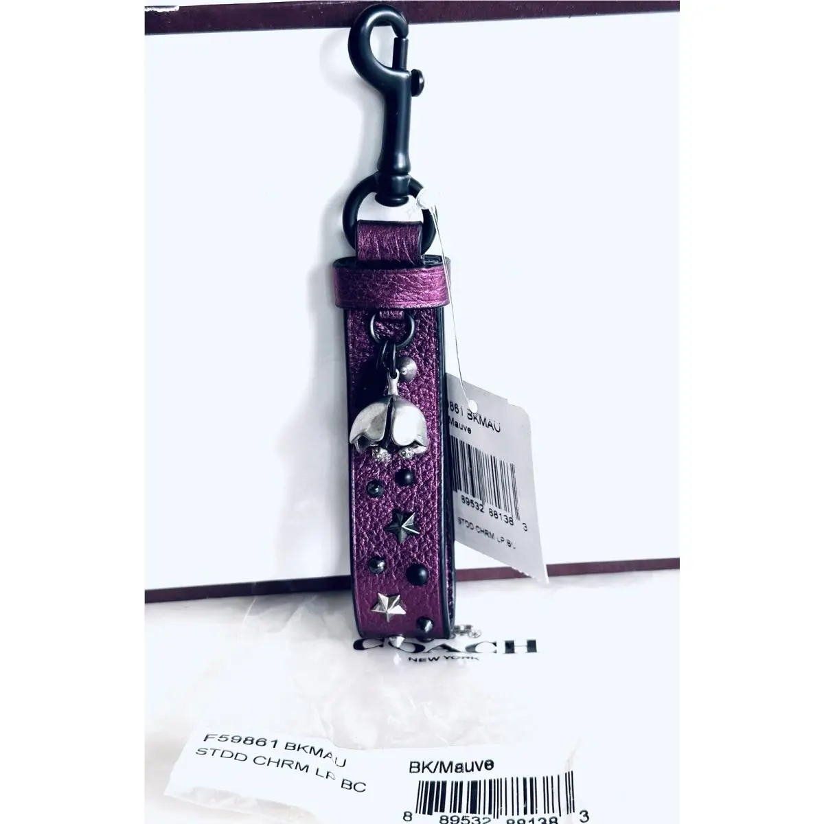 Coach Metallic Mauve Leather Loop Star Rivets Tea Rose Bag Charm 59861