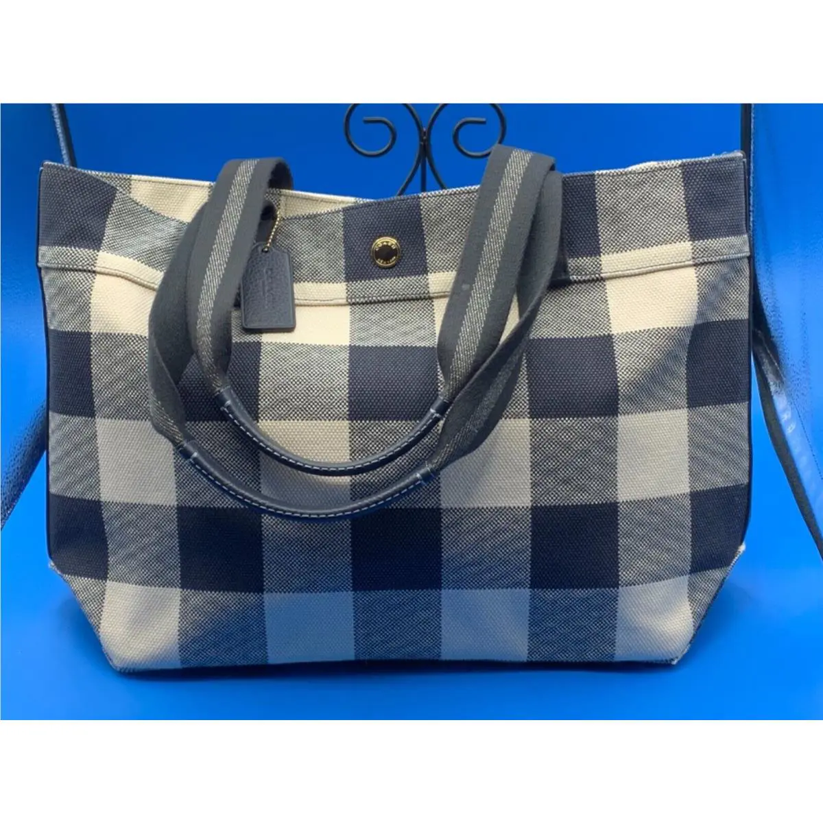 Beautiful White and Blue Checked Tote with Leather Accents by Coach