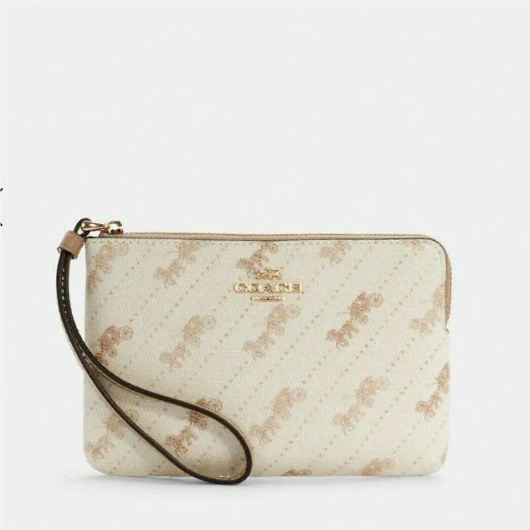 Coach Horse Carriage Print Corner Zip Wristlet Wallet C4466 Cream + Gift R