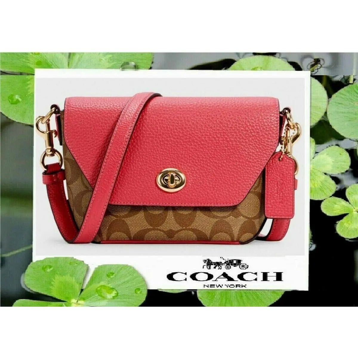Coach Karlee Crossbody Signature Canvas Leather In Khaki Fuchsia Gold Tone