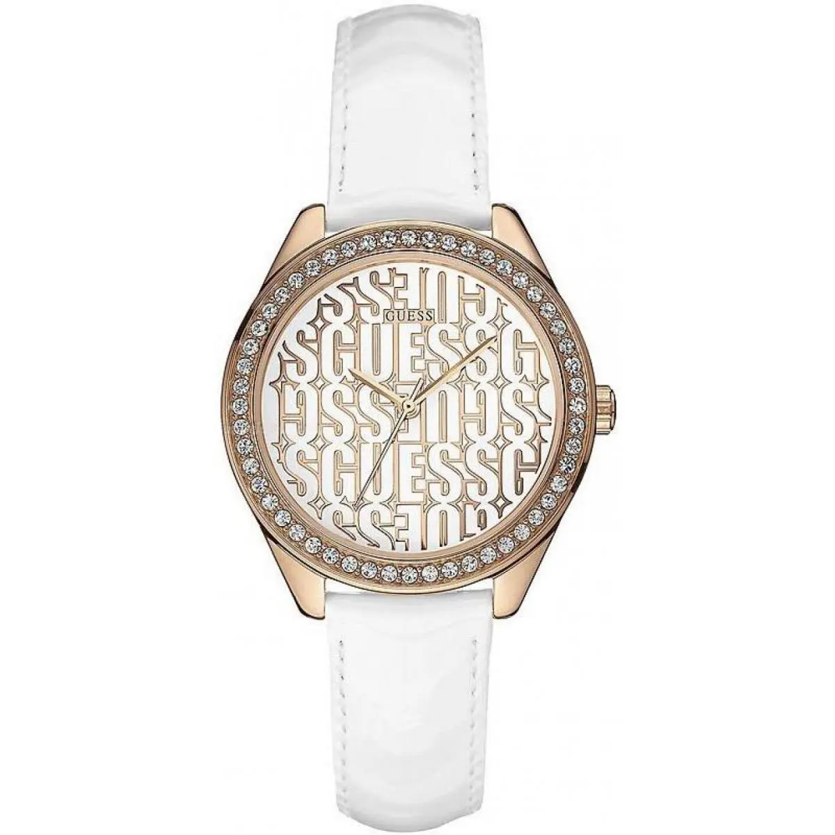 Guess Rose Gold Tone Crystals White Patent Leather Band Logo WATCH-W0560L3 - Dial: ROSE GOLD, Band: White, Manufacturer Face: ROSE GOLD