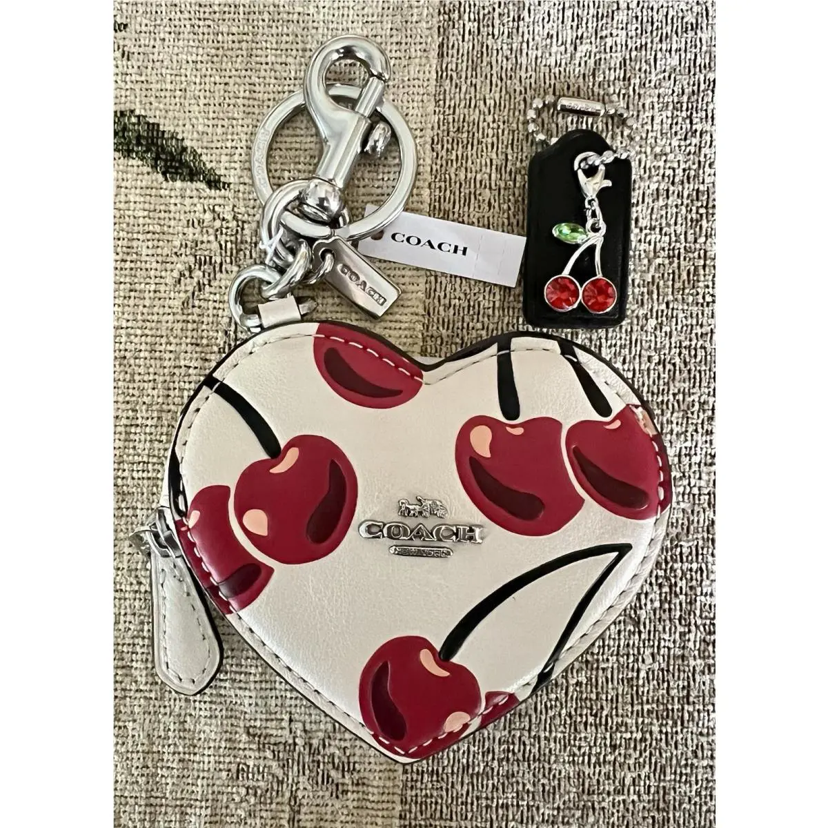 Coach Chalk Heart Cherry Print Coin Pouch Bag Charm w/ Red Cherry Charm