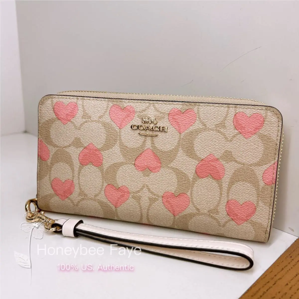 Coach Long Zip Around Wallet In Signature Canvas with Heart Print CQ147
