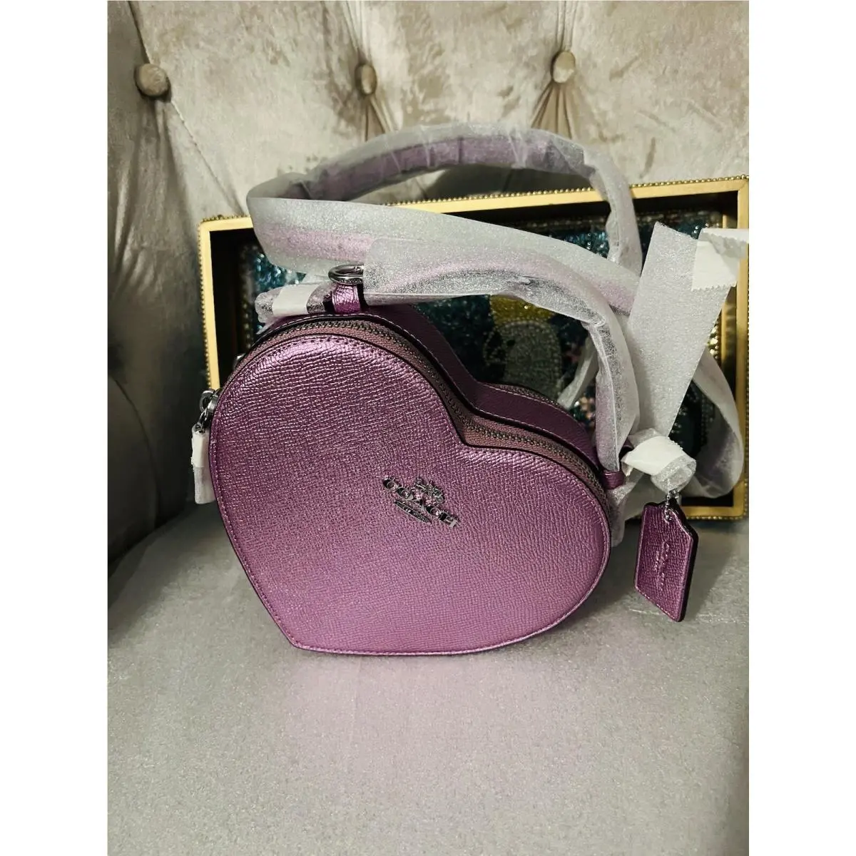 Coach CP020 Heart Crossbody Bag Metallic Crossgrain Leather Lilac Purple
