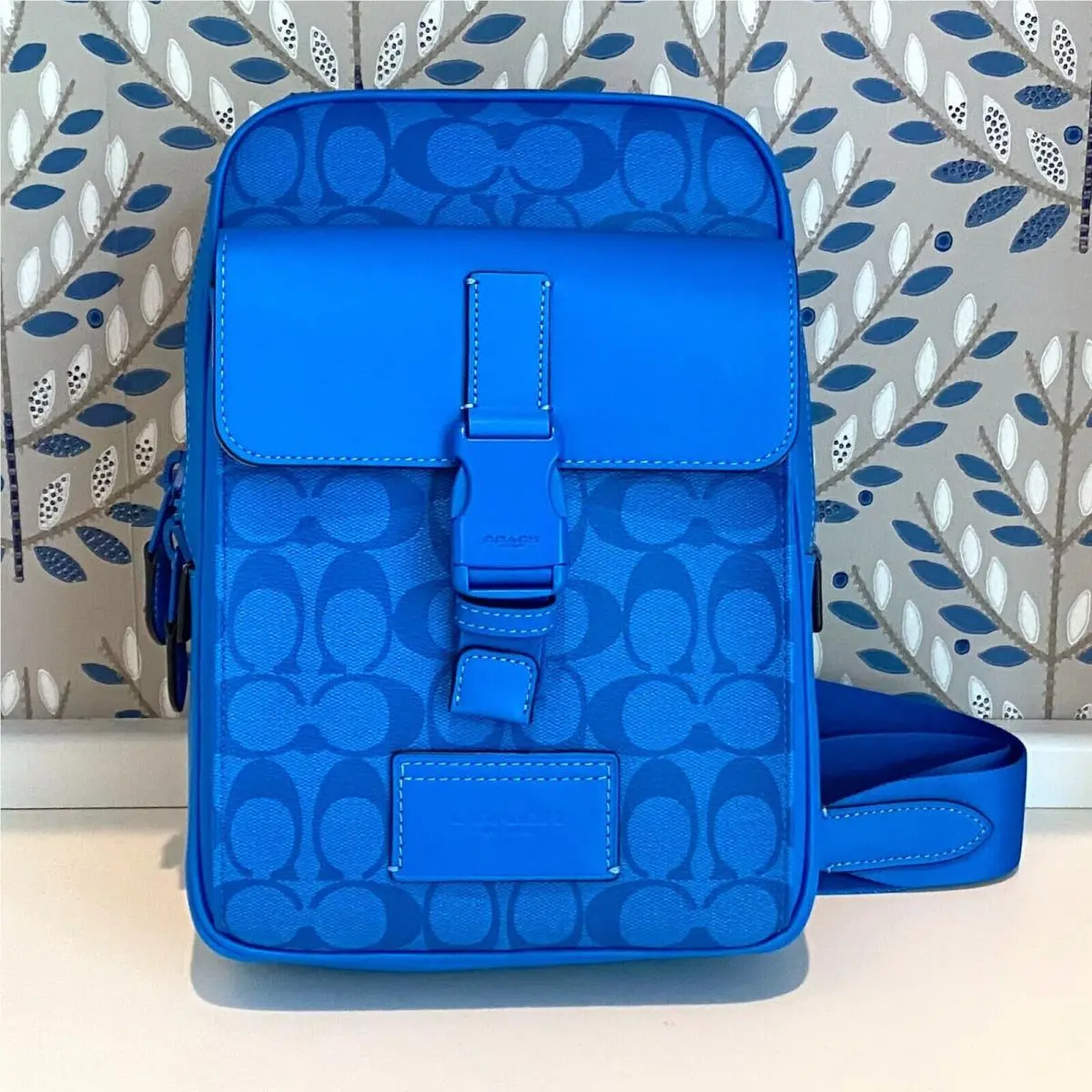 Coach Track Pack Crossbody Bag Signature Canvas Bright Blue C9838