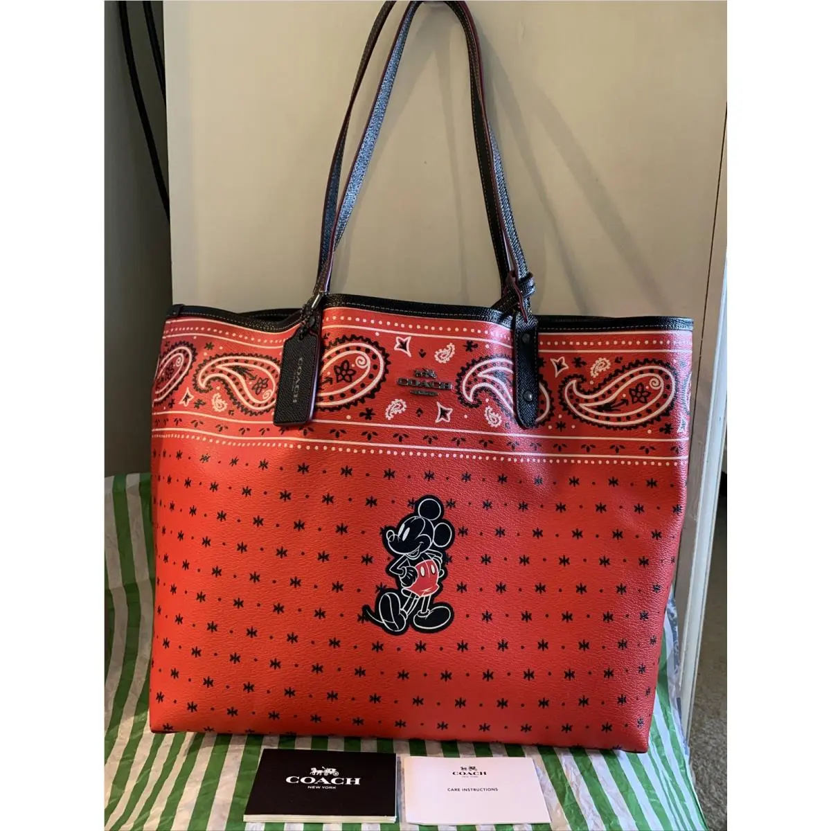 Coach Mickey Mouse Bright Red/black Prairie Bandana Reversible TOTE-F59376