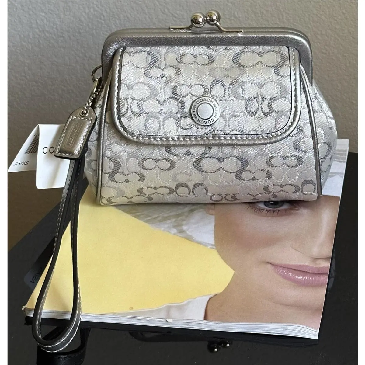 Coach Madison Lurex Metallic Silver Frame Kisslock Wristlet 40991