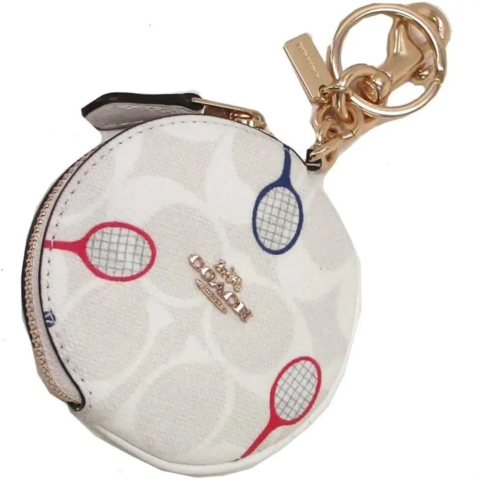 Coach Chalk/multi Racquet Print Circular Zip Coin Pouch Key Ring Fob C8219