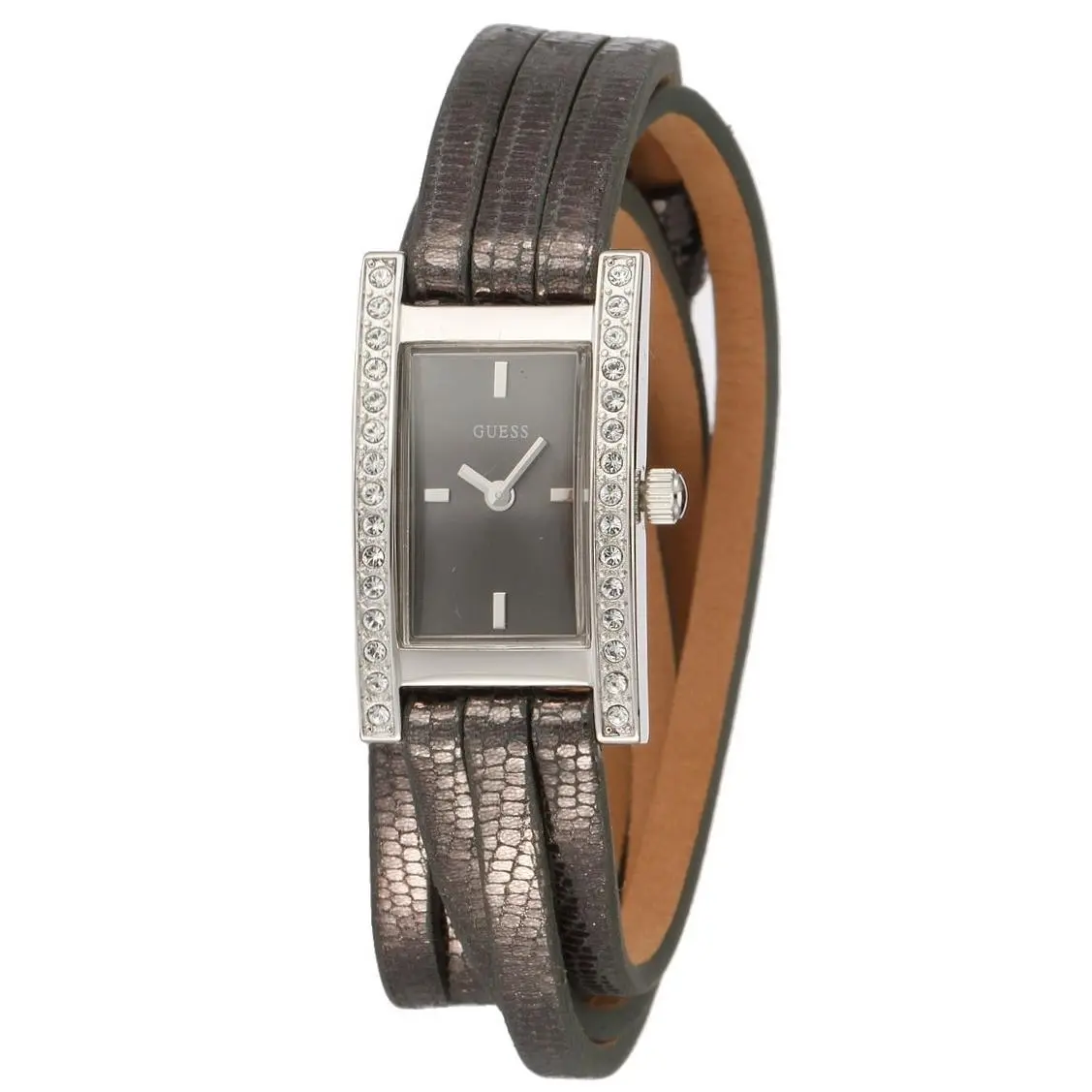 New-guess Gunmetal Python Leather+silver Tone+crystal Wrap Around Watch U71001L3