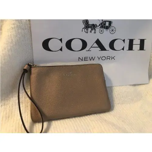 Beautiful Coach Womens Leather Corner Zip Wristlet Bag in Taupe 58032