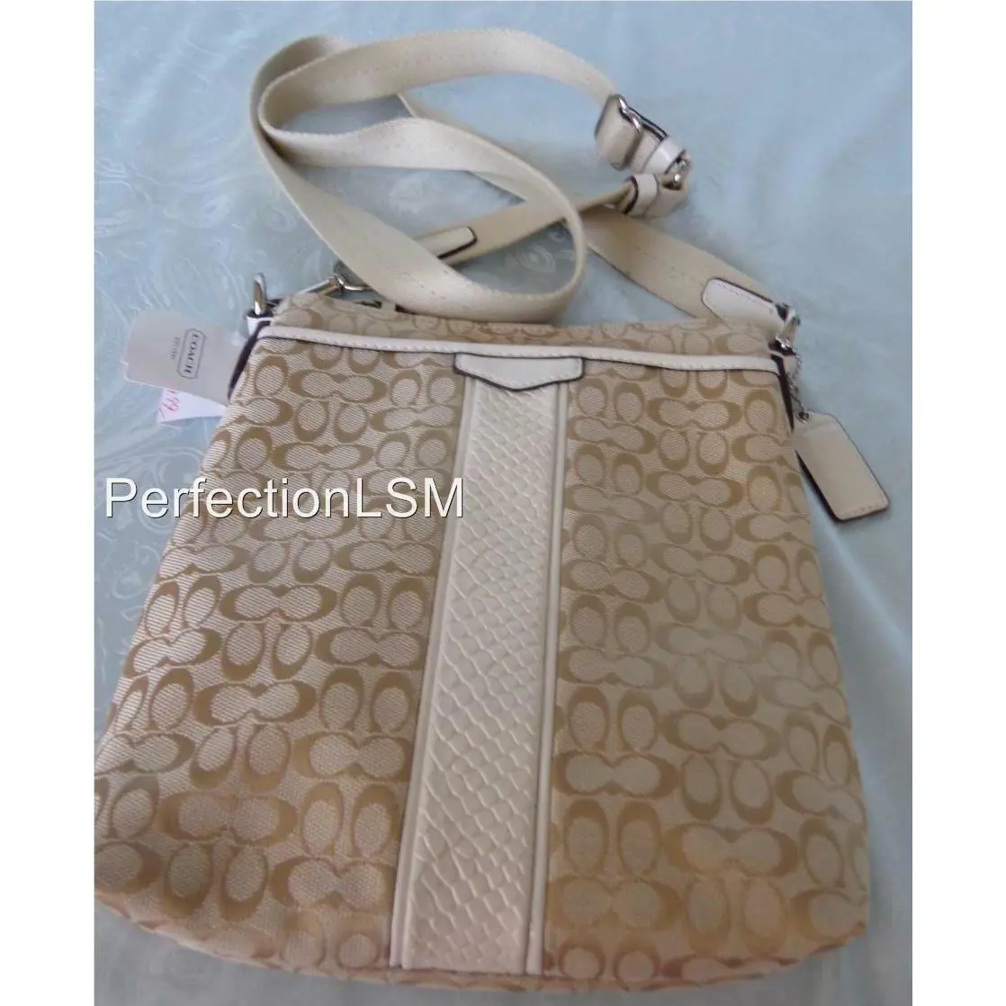 Coach Sis 51387 6CM Jacquard W/snake Leather Trim Swingpack/x-body Lt. Khaki