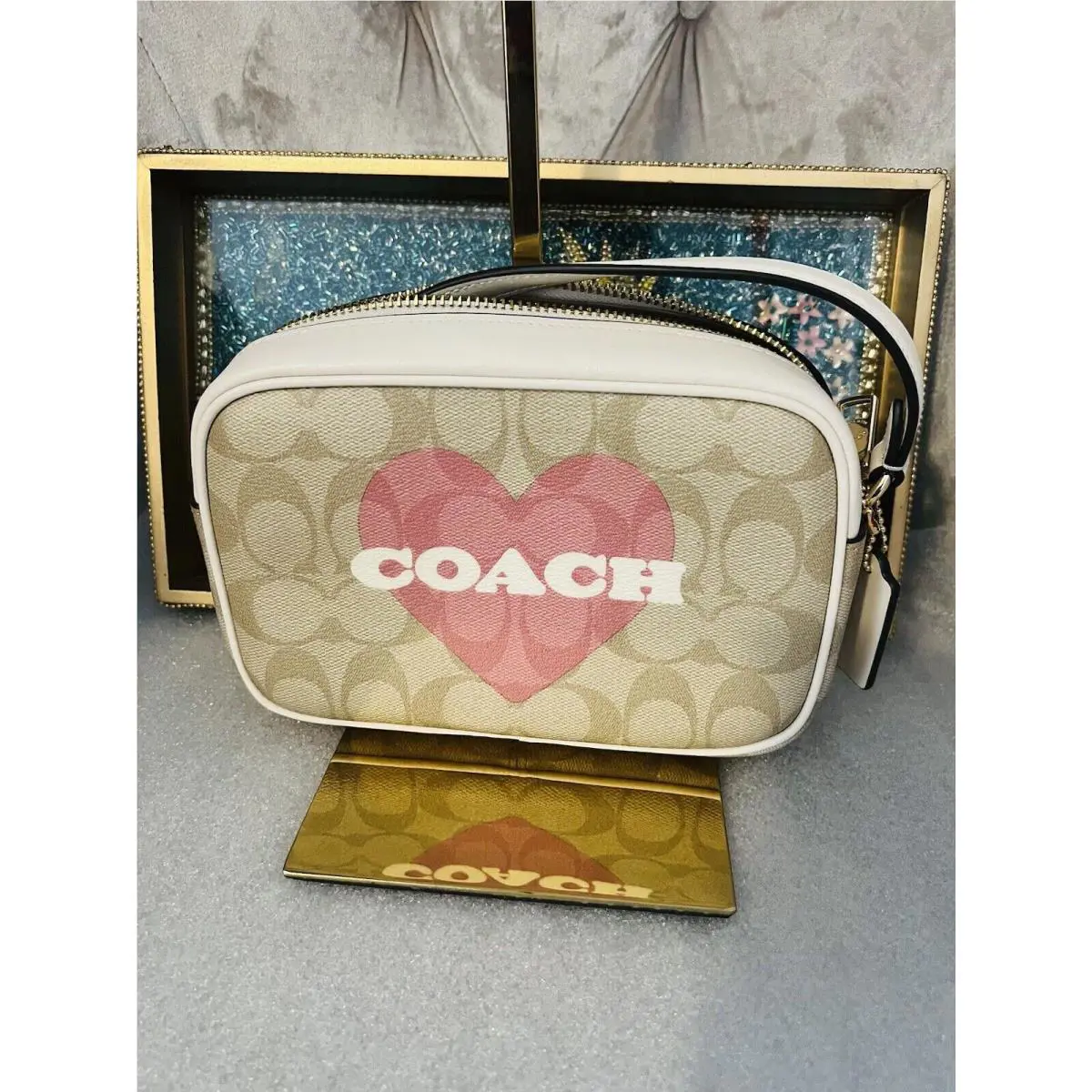 CO939 Mini Jamie Camera Bag Signature Canvas Leather Pink Heart Crossbody by Coach