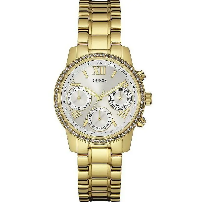 Guess Women`s Mini Sunrise Gold-tone Dial Steel Bracelet Quartz Watch W0623L3/U0623L3 - Dial: White, Band: Gold