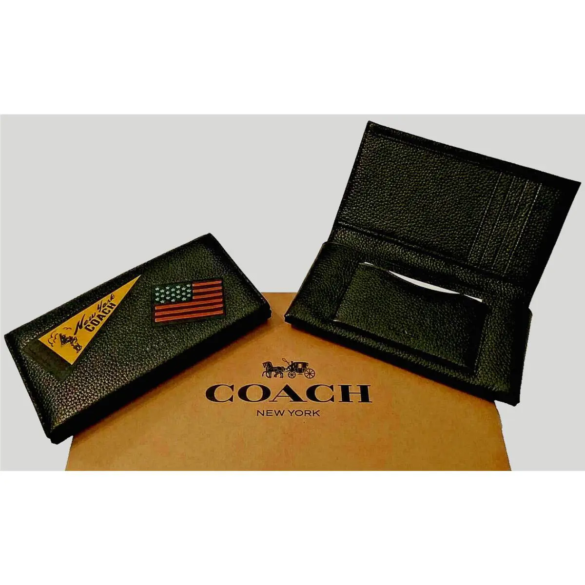 Coach Black Leather Wallet Card Phone Case Logo Varsity US Patches