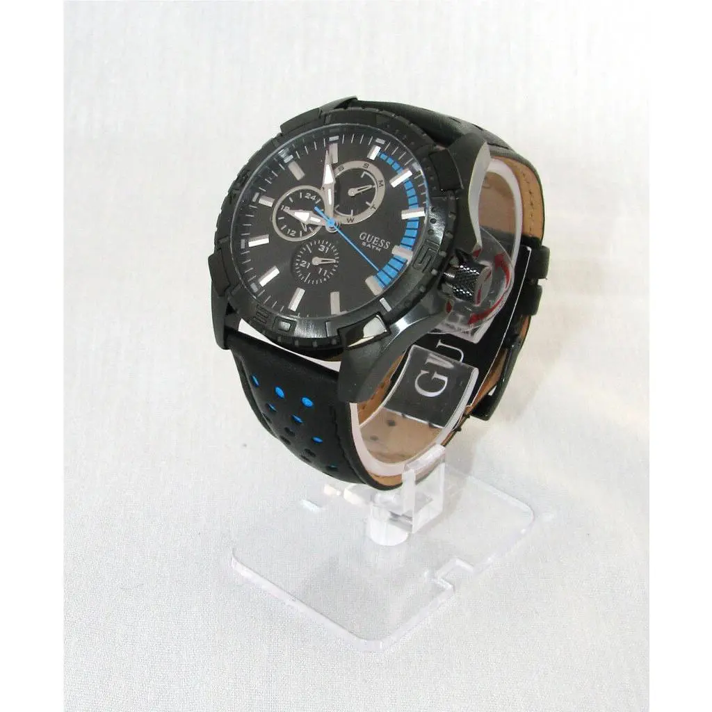 Guess Black Leather Multi-function Dial+blue Accent Mens WATCH-W15071G2