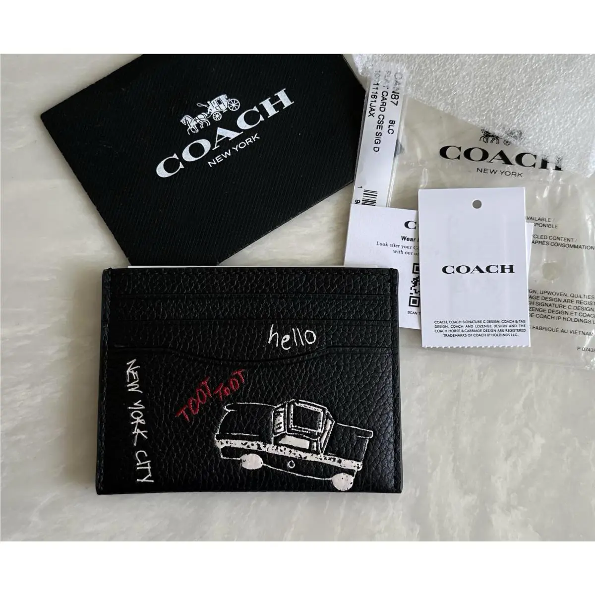 Coach Black/multi Sketch Flat Card Case CAN87