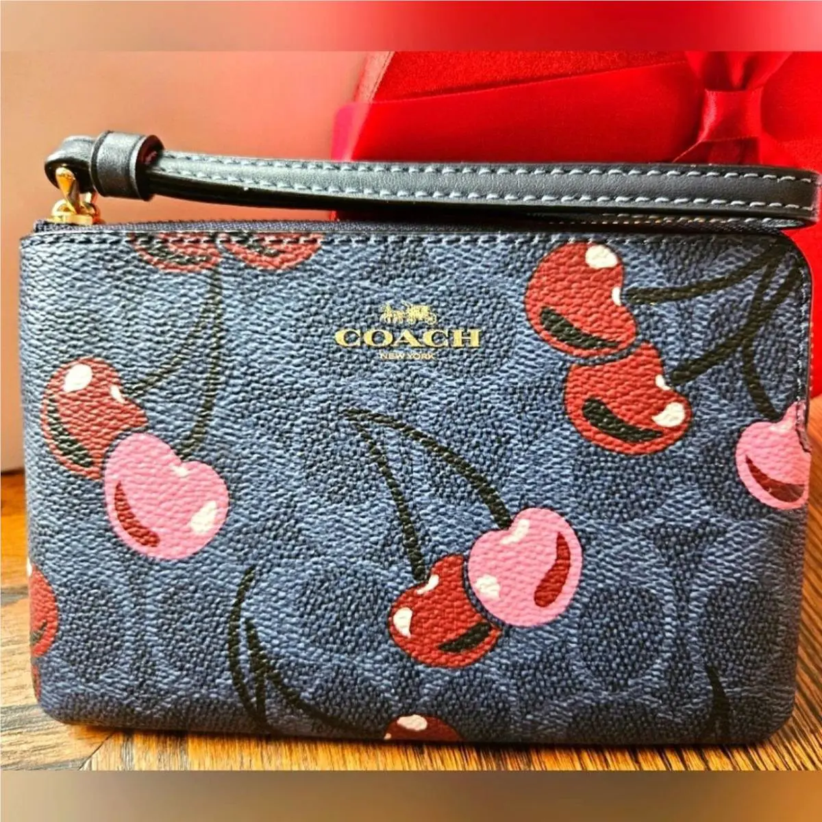 Coach Corner Zip Cherry Denim Navy Wristlet