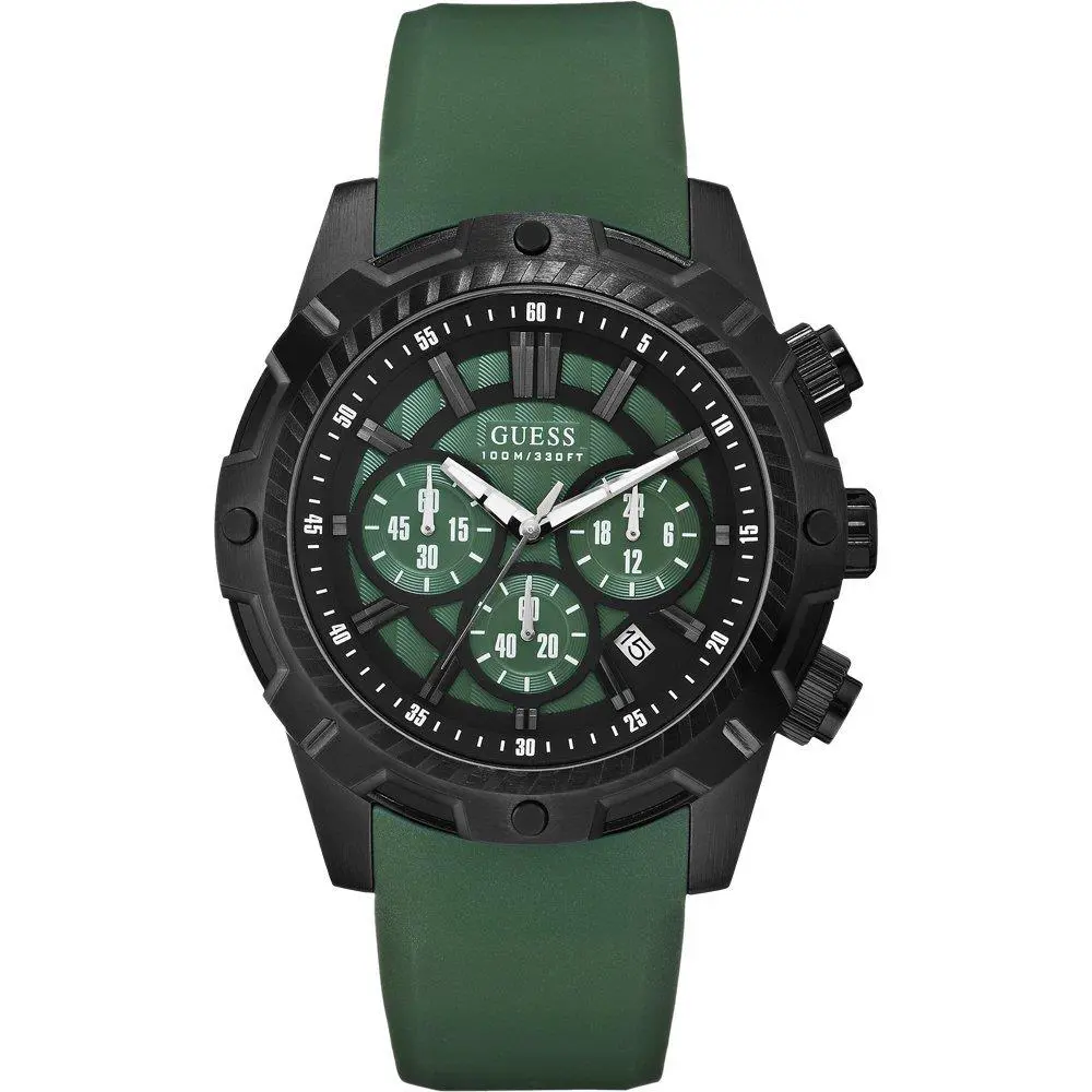 New-guess Green Rubber Band+black Dial+chronograph+date WATCH-U0038G2