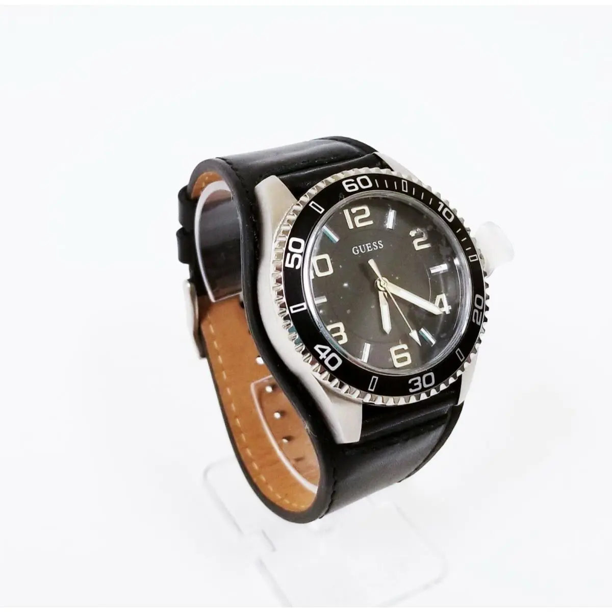 Guess Silver Tone Black Leather Cuff Band WATCH-W0255G1