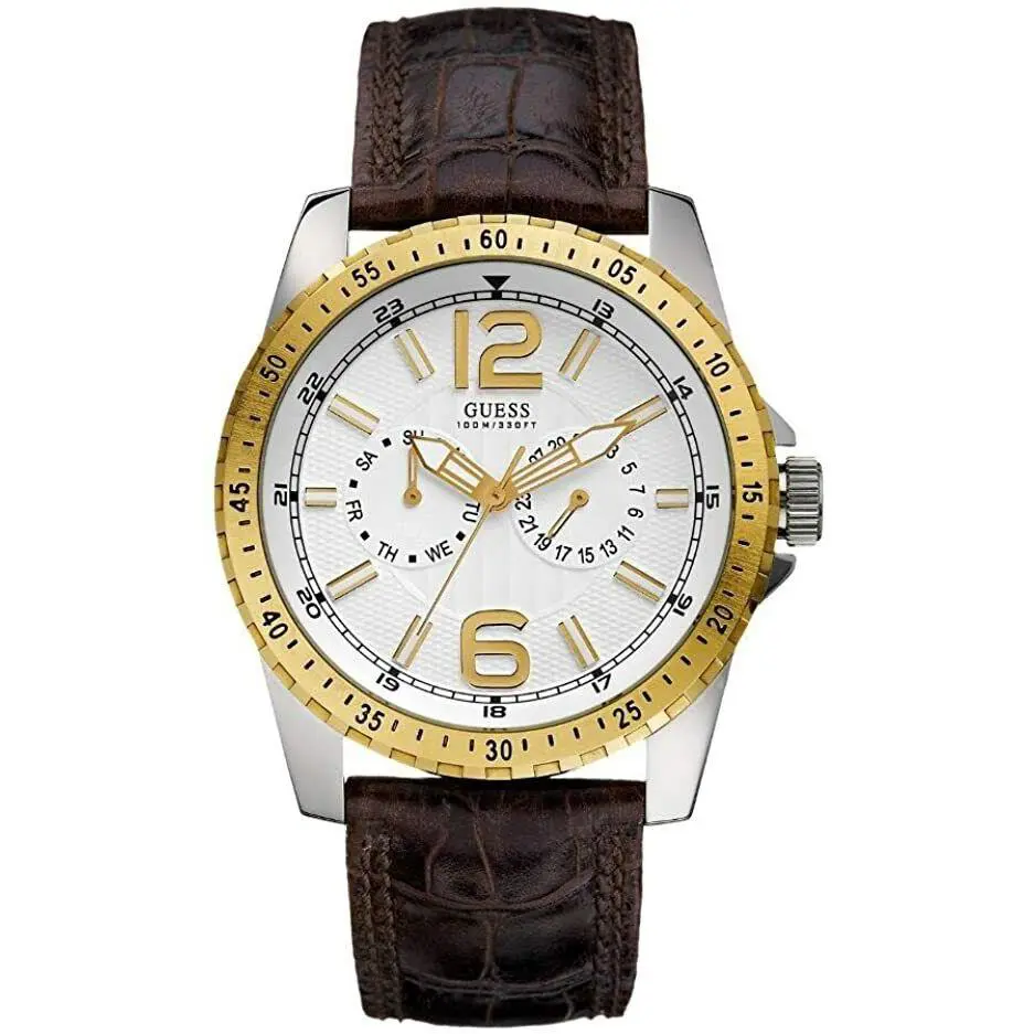 Guess Silver+gold 2 Tone Brown Croc Embossed Leather Band Watch U12006G1