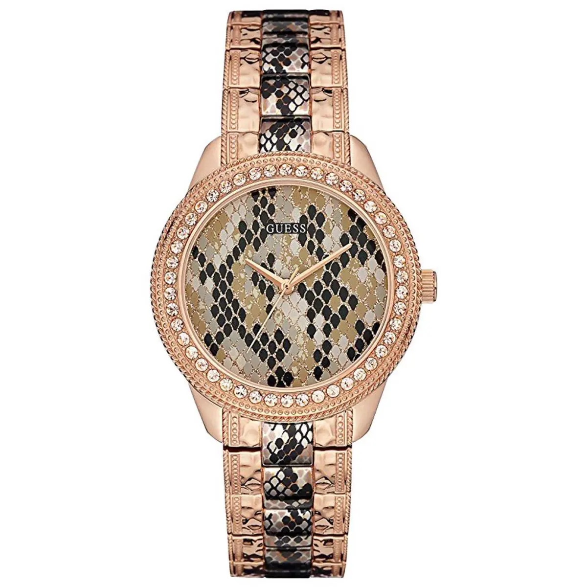 Guess Quartz Analog Women`s Serpentine Bracelet Golden Black Watch W0624L2 - Black, Dial: Black, Gold, Band: Black, Gold