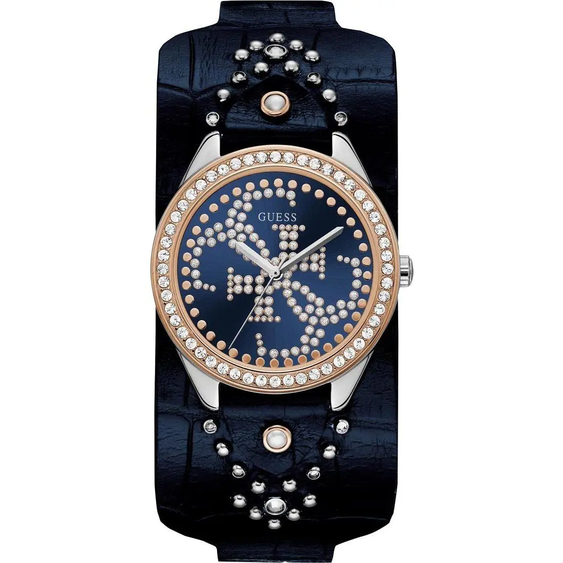 Guess Two Tone Blue Studded Leather Blue Dial Women`s Gemmed Watch U1140L3