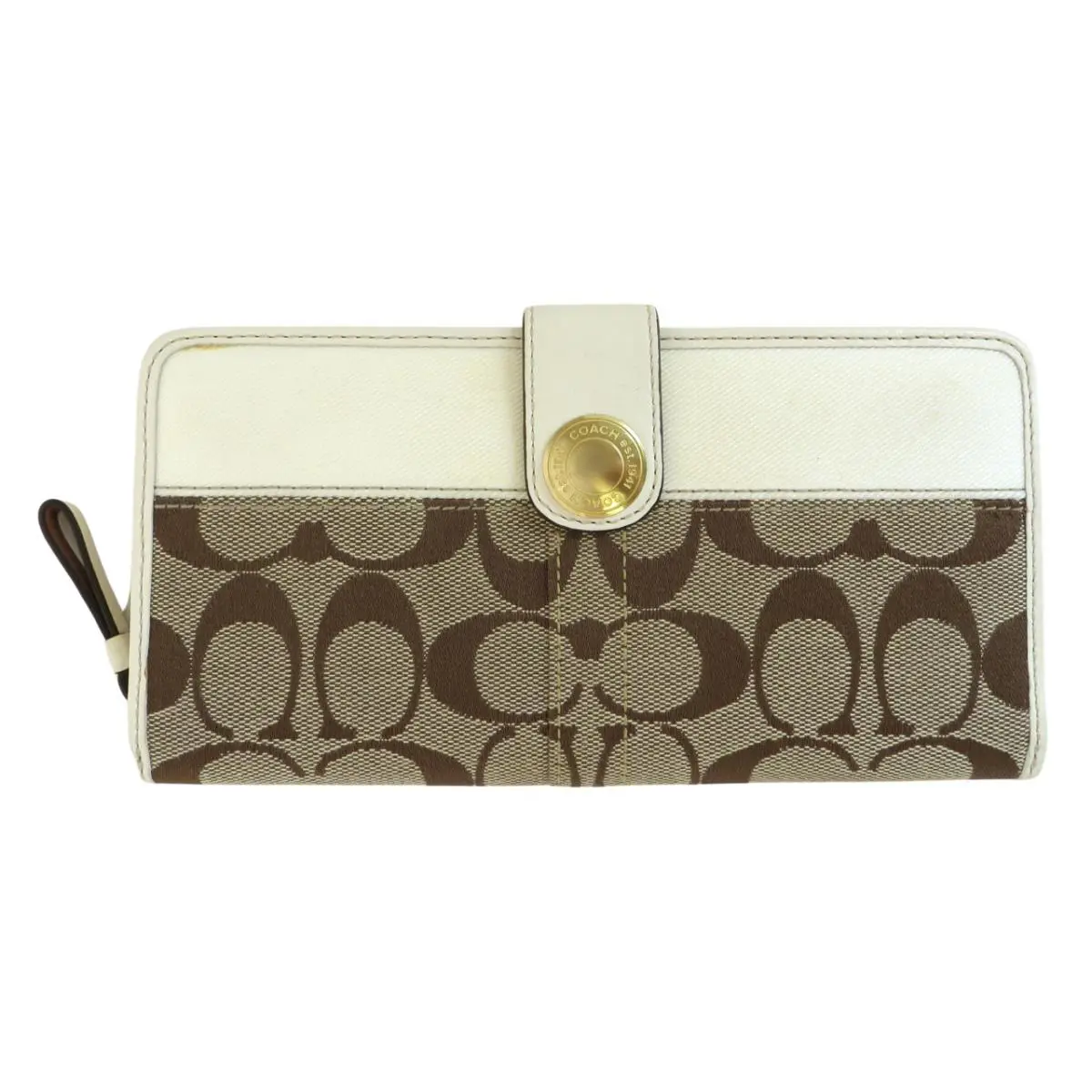 Coach Khaki Signature Ivory Stripe Leather Zip-around Accordion Wallet