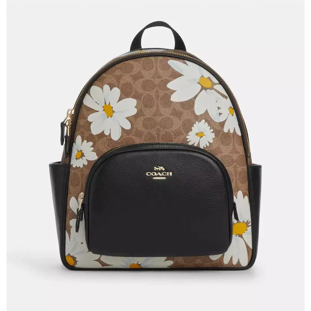 Coach Court Tan Floral Print Signature Coated Canvas Leather Backpack CZ599