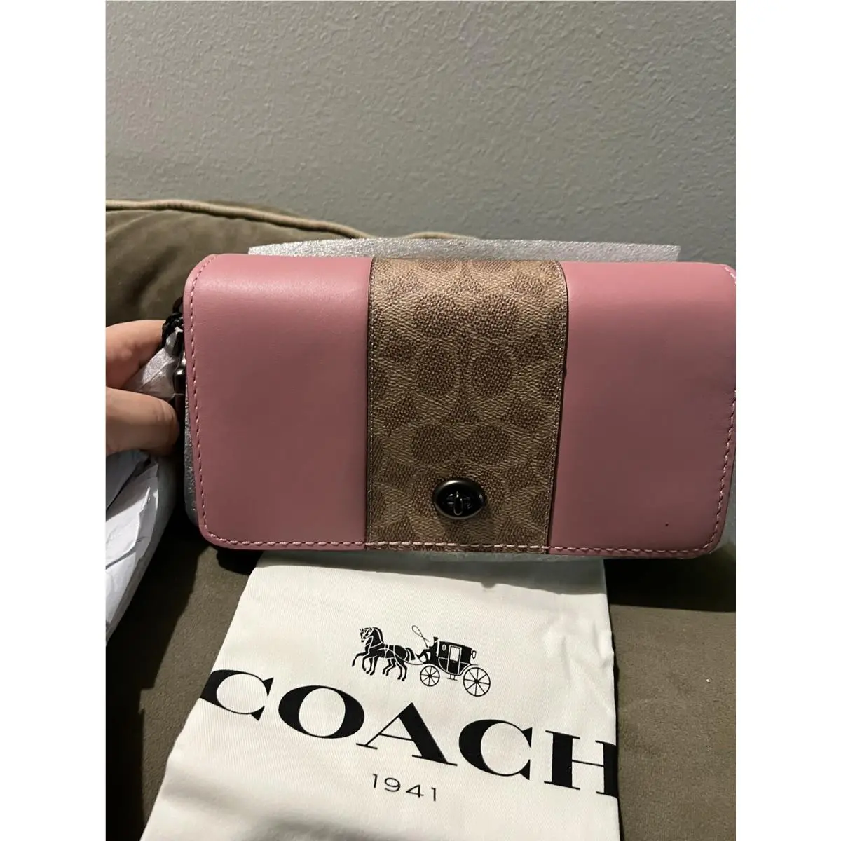 Coach Dinky Glovetanned Leather W Canvas Blocking Tan True Pink Style 76368