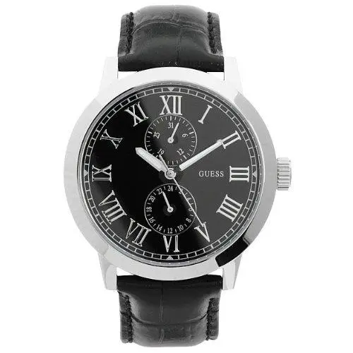 New-guess Silver Tone Black Croc Leather Band Multi Function WATCH-U95132G1