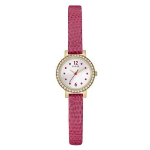 Guess Pink Leather Strap Gem-set 23mm White Dial Women`s Watch W0735L3