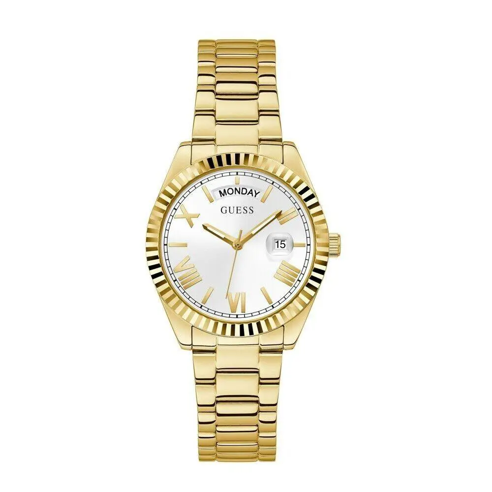 Guess Coin Edge Bracelet Gold Band and White Dial Watch GW0308L2