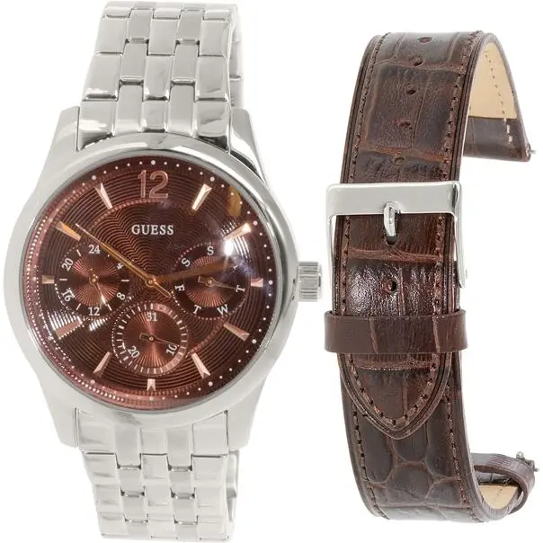 2 PC Set Silver Tone SS Brown Leather Interchangeable Band Watch U0508G1 by Guess