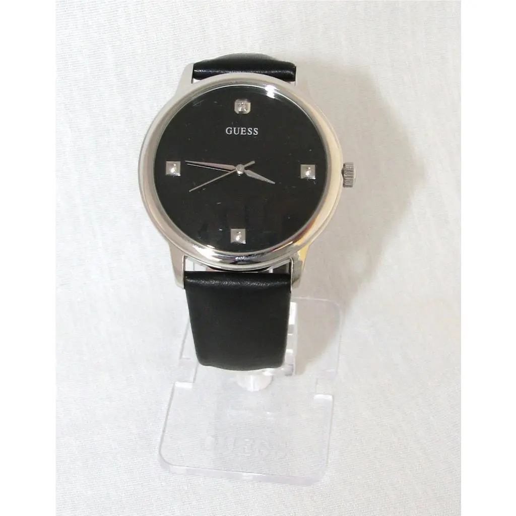 Guess Black Leather w/ Silver Case Diamond Men S WATCH-U75045G1