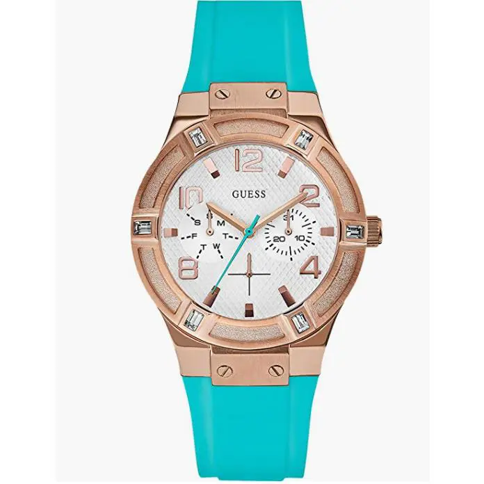 Women`s Multifunction Gold Rose Tone Silicone Strap Guess Watch W0564L3