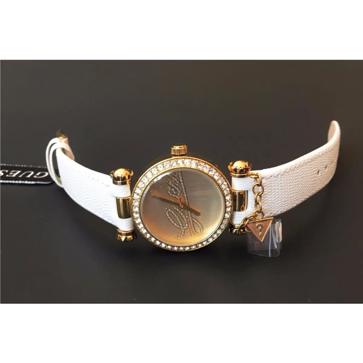 Guess Gold Tone White Saffiano Leather Crystals Charm Watch W0304L7