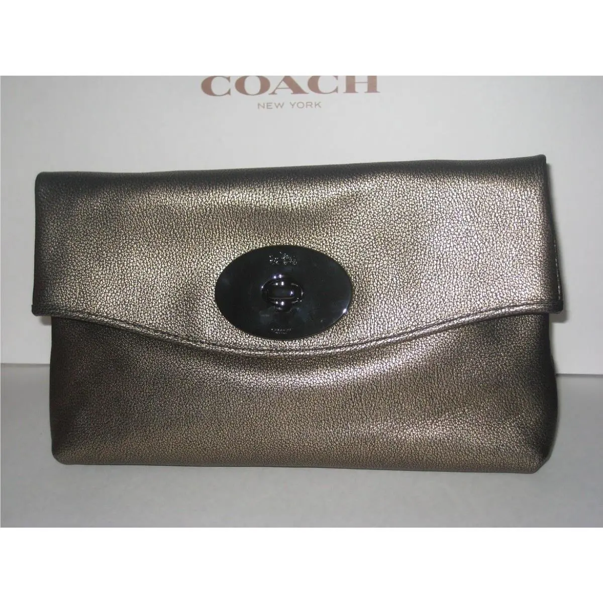 Coach 33527 Metallic Leather Turnlock Clutch Shoulder Bag Brass