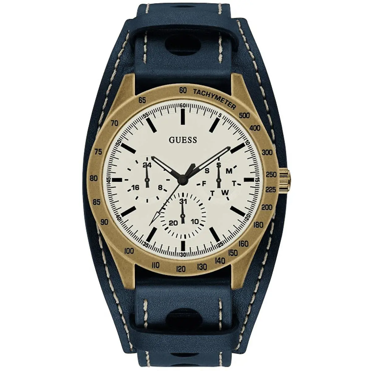 Guess Brushed Pale Gold Tone Navy Blue Leather Cuff Band WATCH-W1100G2 - Dial: White, Band: REMOVABLE BAND, Blue with white stitches, Blue, Manufacturer Band: NAVY, BLUE