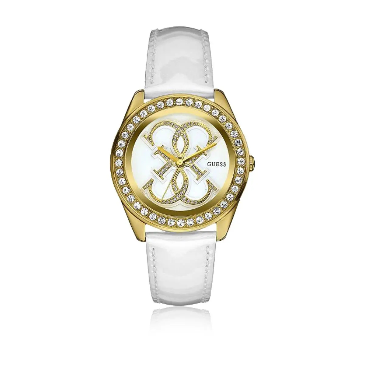 New-guess Gold Tone Iconic Logo Pave Crystal White Leather Band Watch W95144L1