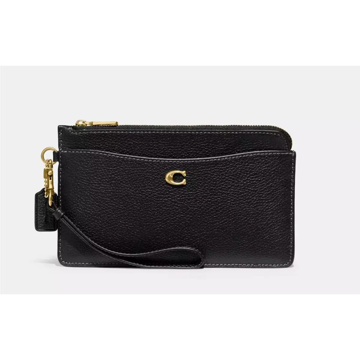 Coach L Zip Wristlet Clutch in One Polished Pebble Leather Brass Black