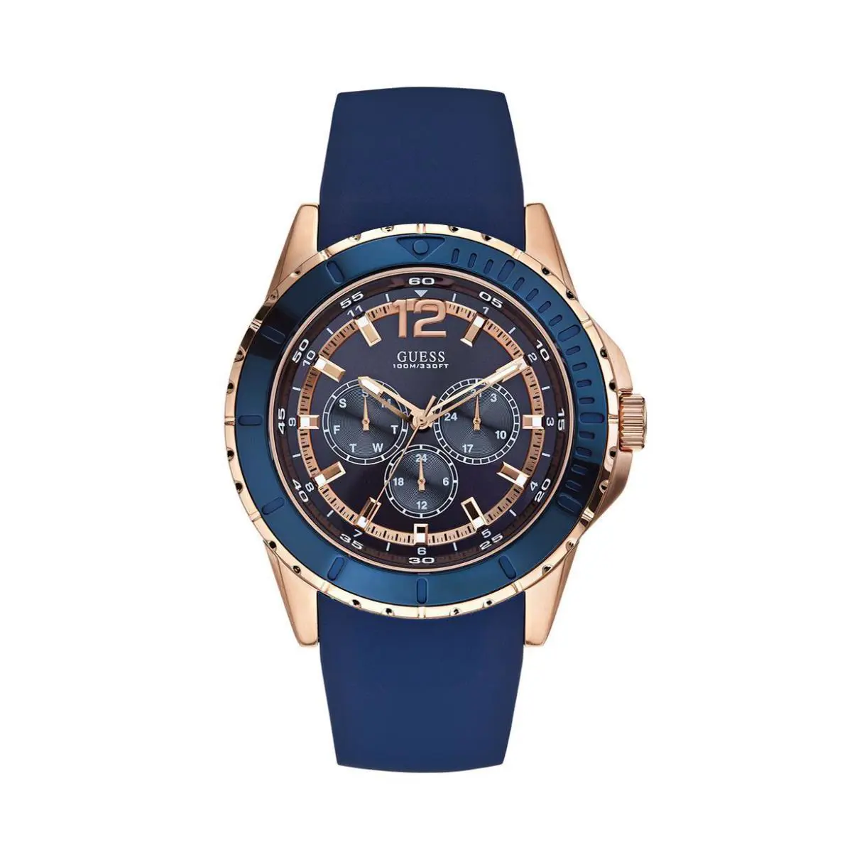 Guess W0485G1 Men`s Maverick Blue Dial Rose Gold Tone Silicone Analog Watch