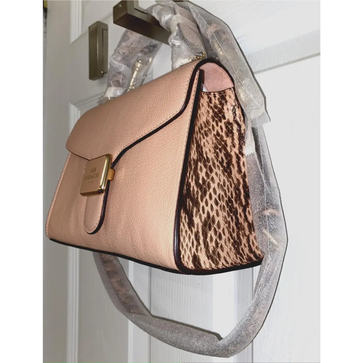 Coach Snake Embossed Trim Pepper Satchel Crossbody Bag Purse Shell Pink