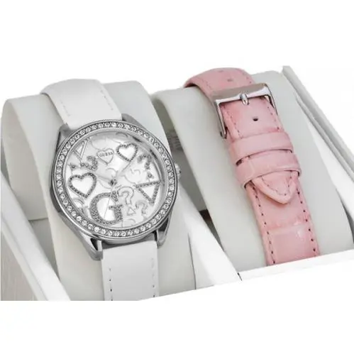New-guess White+pink Croc Leather Interchangeable Band+silver Watch Set W95139L1