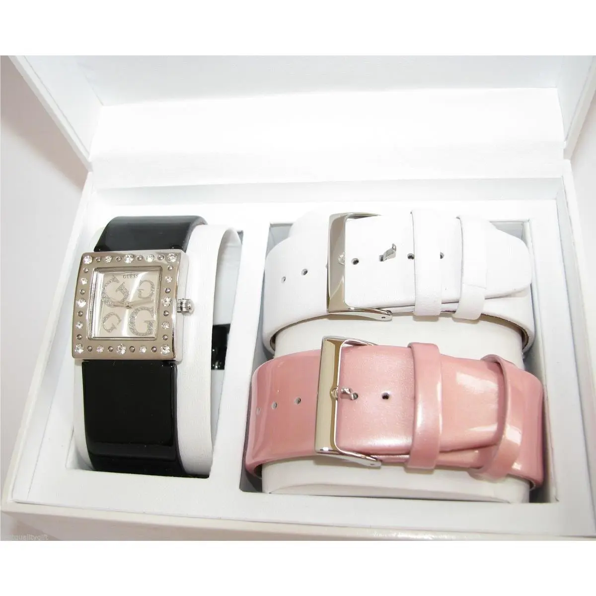 Guess Black White Pink Leather 3 PC Band Set+crystal Silver Dial Watch U95041L2