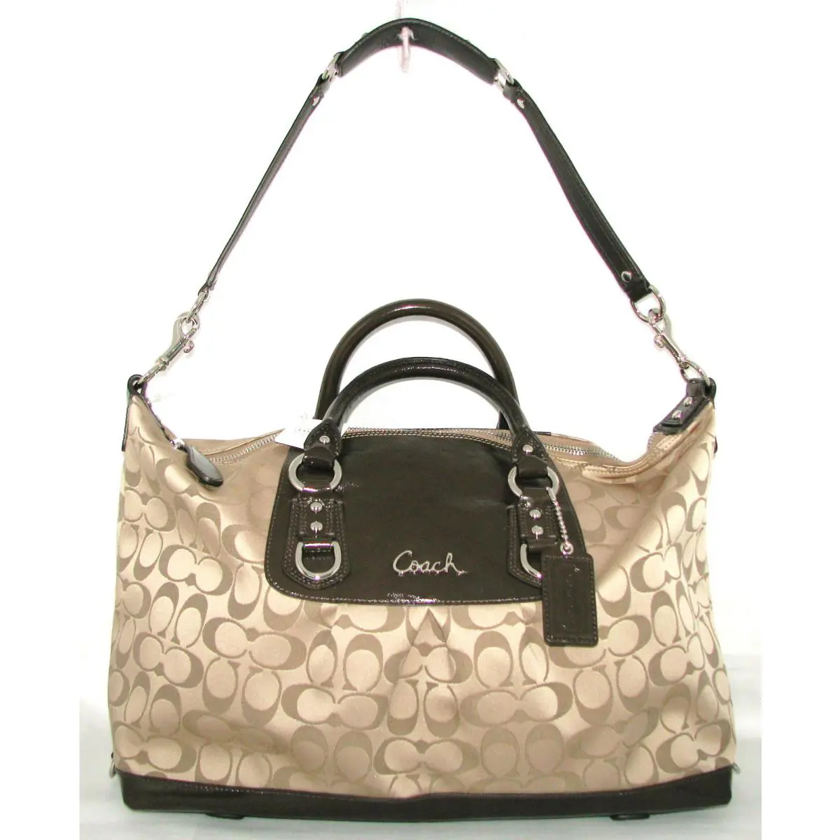 Coach Ashley Khaki+mahogany Jacquard Logo Satchel Hand Bag 15440