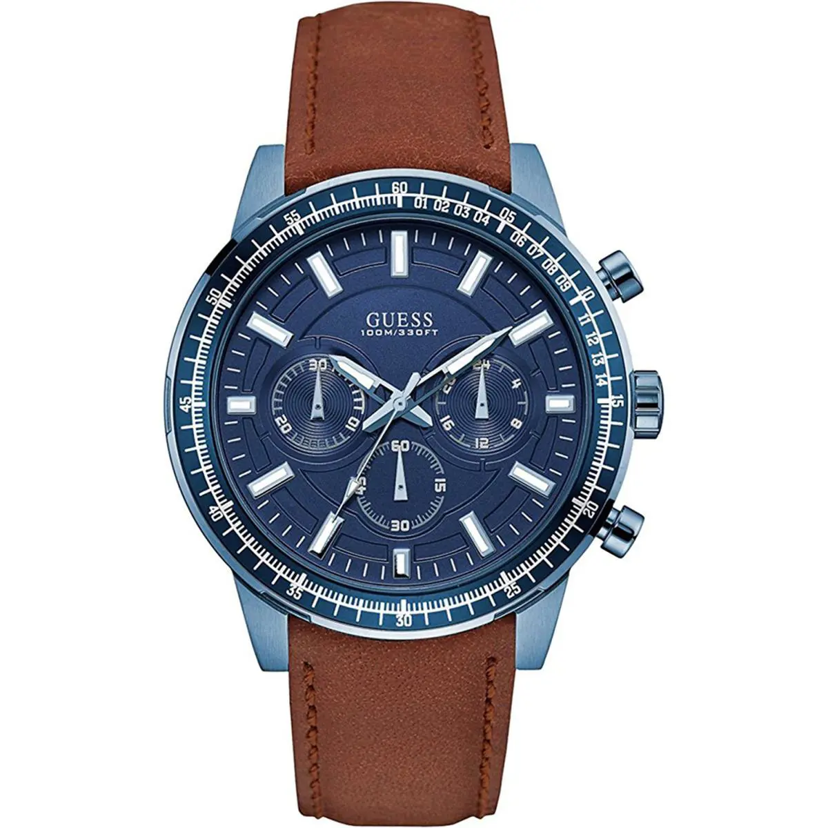 Guess W0867G2 Men`s Chronograph Blue Dial Stainless Steel Case Leather 100m WR