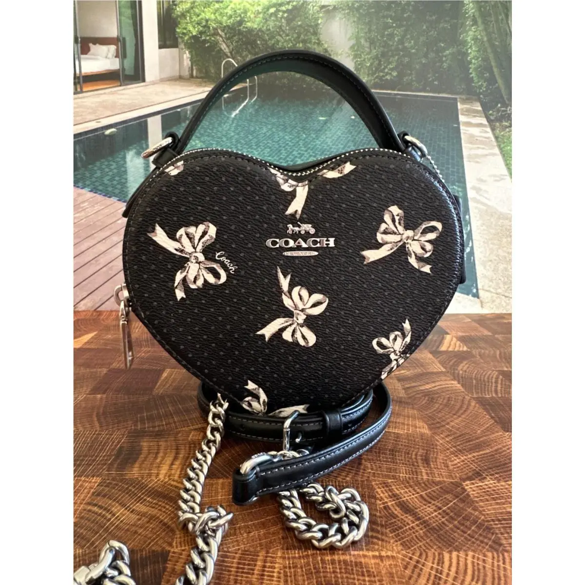 Coach CAA99 Heart Crossbody Bag with Bow Print Canvas Leather Black Multi