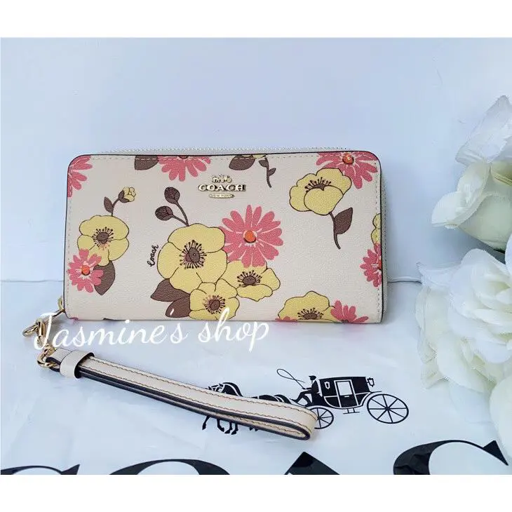 Coach Long Zip Around Wallet with Floral Cluster Print Chalk Multi