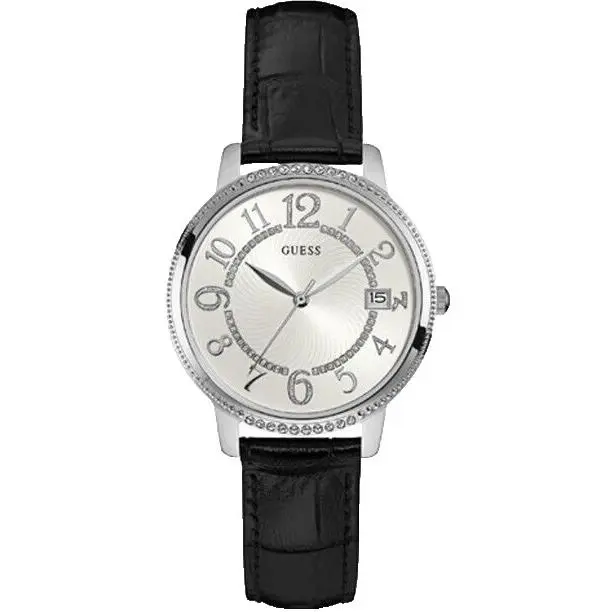 Guess Silver Tone Dial Black Leather Strap 37mm Women`s Watch W0930L2