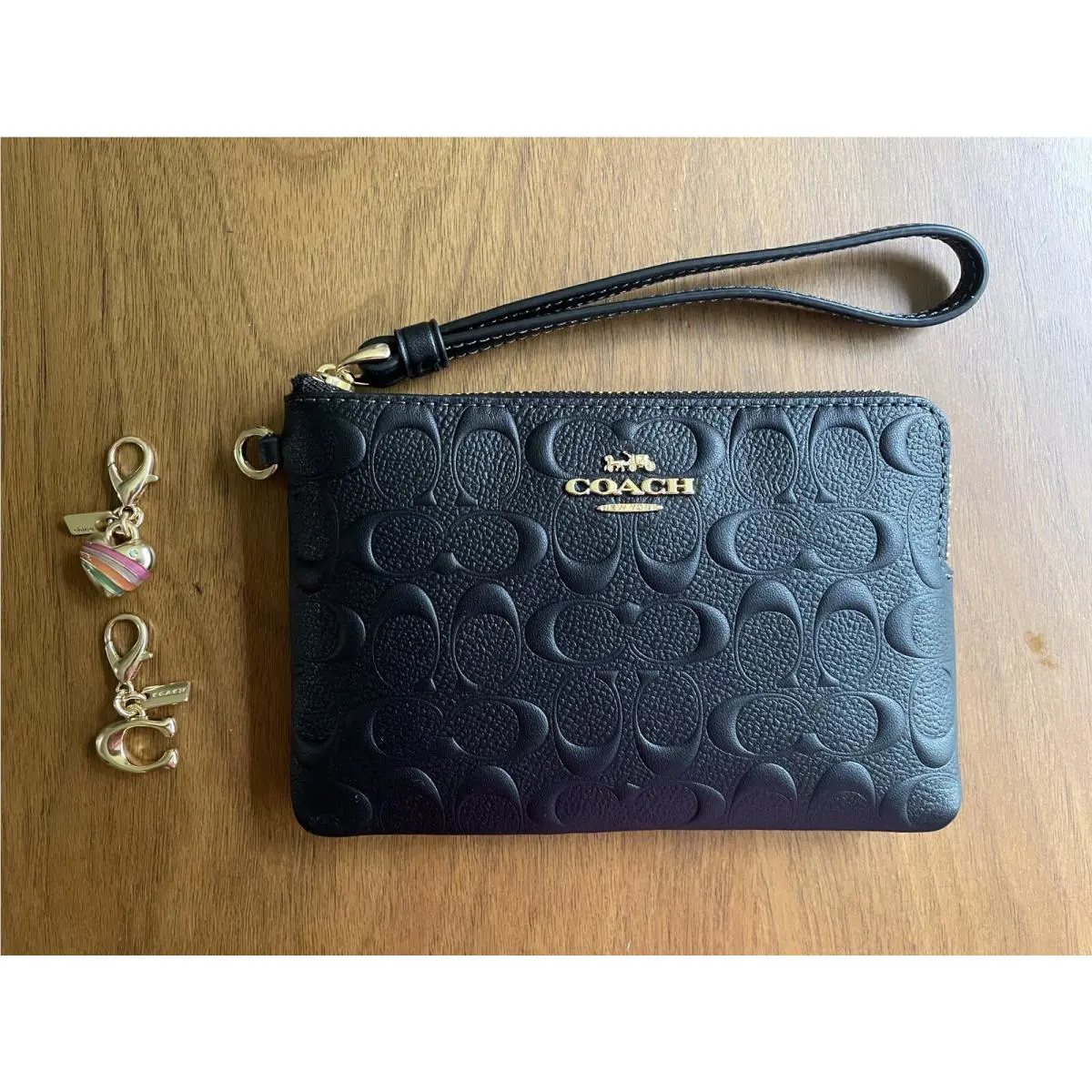 Coach Signature Black Leather Corner Zip Wristlet Charms Gift Set